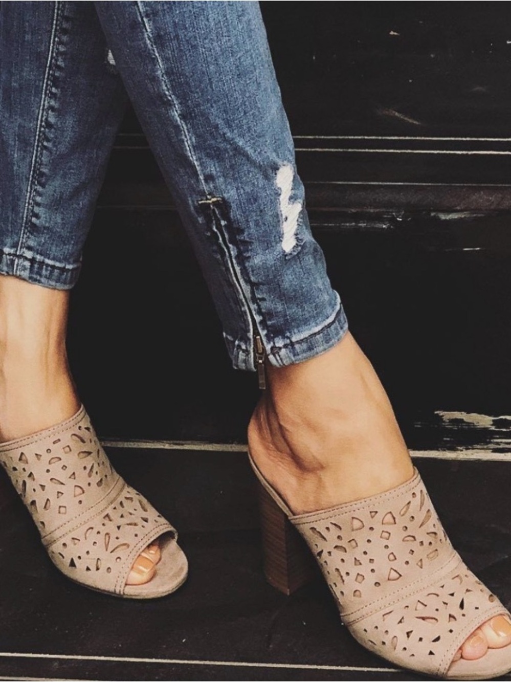 American Eagle Outfitters Taupe Laser-Cut Open-Toe Block Heel Mules